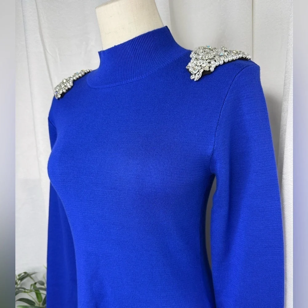 NWT Bebe Embellished Mock Neck Tunic Sweater in Galactic Cobalt Sz M
